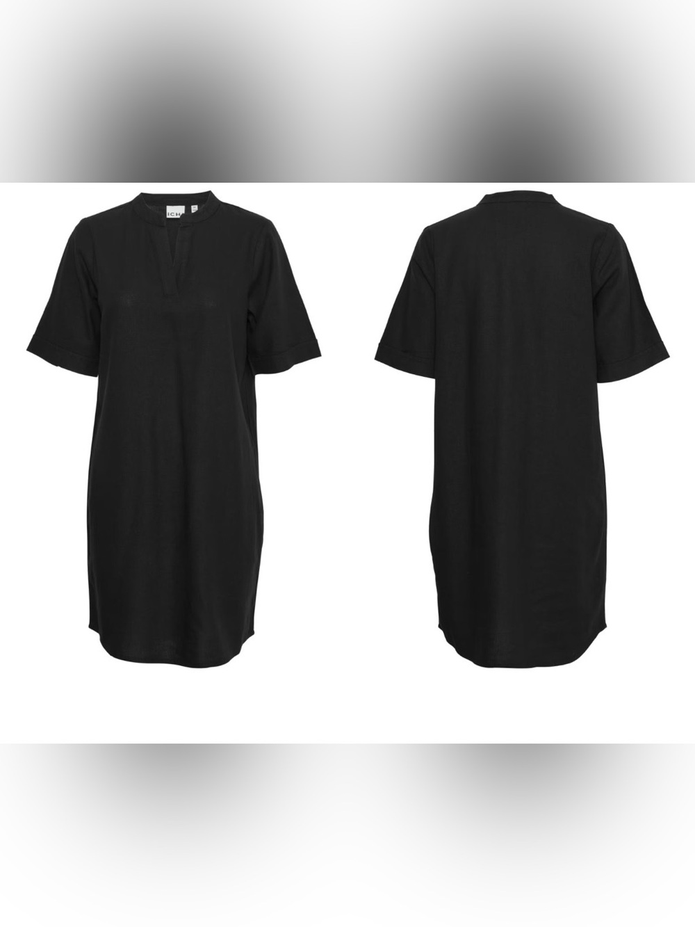 ICHI IHLINO Linen Day Dress Minimal Black Split-Neck Shift Dress Euro Summer - Picture 5 of 15